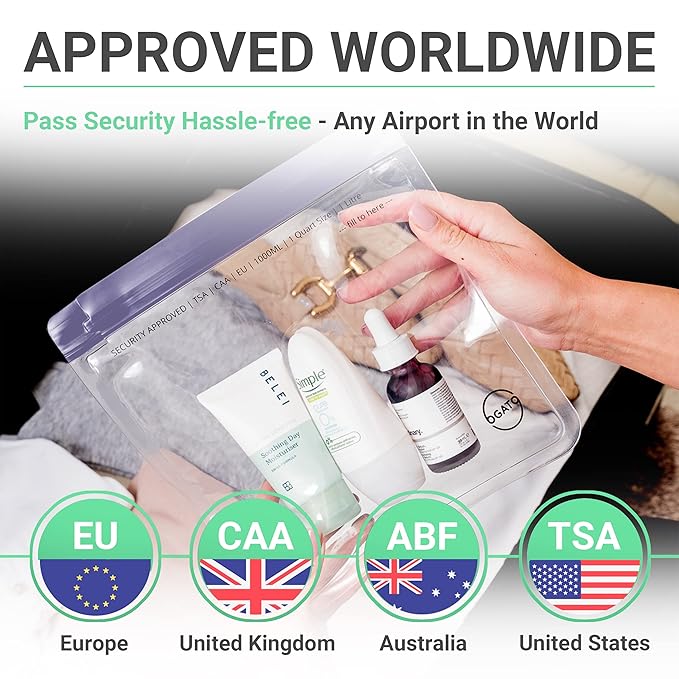 Ogato 3pcs - TSA Approved Toiletry Bag - Our Quart Size Clear Toiletry Bags are Security Approved Worldwide for Liquids & Cosmetics - 100% 3-1-1 Compliant Clear Travel Bags for Toiletries Violet