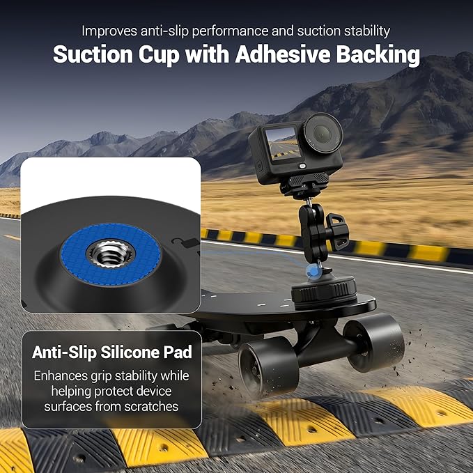 JJC Portable Camera Suction Cup Mount with 1/4" Female Hole, Twist-Lock Vacuum Suction Mount Compatible with DJI Pocket 4/3, Action 6/5 Pro/4, Gopro Hero 13, Insta360 X5 & Phones for Video Recording