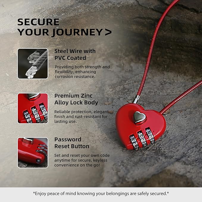Small Combination Lock, Cable Locks with Combination, Cute Padlock with Code, Long Combo Cable Padlock for Luggage, Suitcase, Cabinet, Pool Gate, French Fridge Door, Motorcycle Helmet
