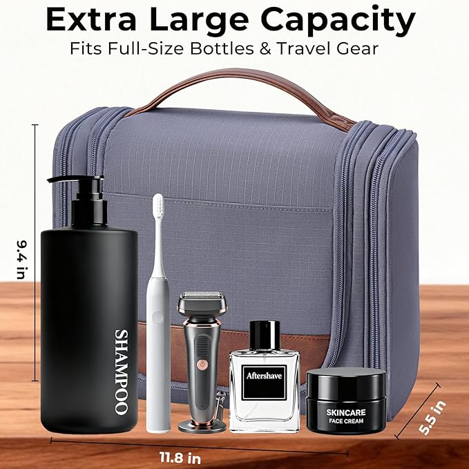 Ralnitote Large Hanging Toiletry Bag for Men, Travel Bathroom Bag with Hook, Hygiene Bag Organizer for Shower, Shaving & Grooming Essentials, Gray