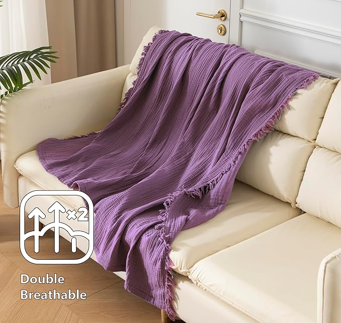 KyraHome 100% Organic Cotton 50"x60" Muslin Throw Blankets for Adults, Couch Picnic, Travel, Plant Dyed, Lightweight Gauze Soft Summer Blankets, All Season, Purple/Lavender