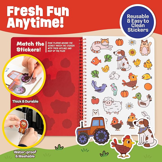 Reusable Jelly Sticker Book - Farm, 7 Scenes - 50 Thick Washable Stickers for Toddlers & Kids: Animals Stickers for Kids, Gift for Ages 3-5 Years Old - Toddler Travel Toys 2-4, Road Trip Activities
