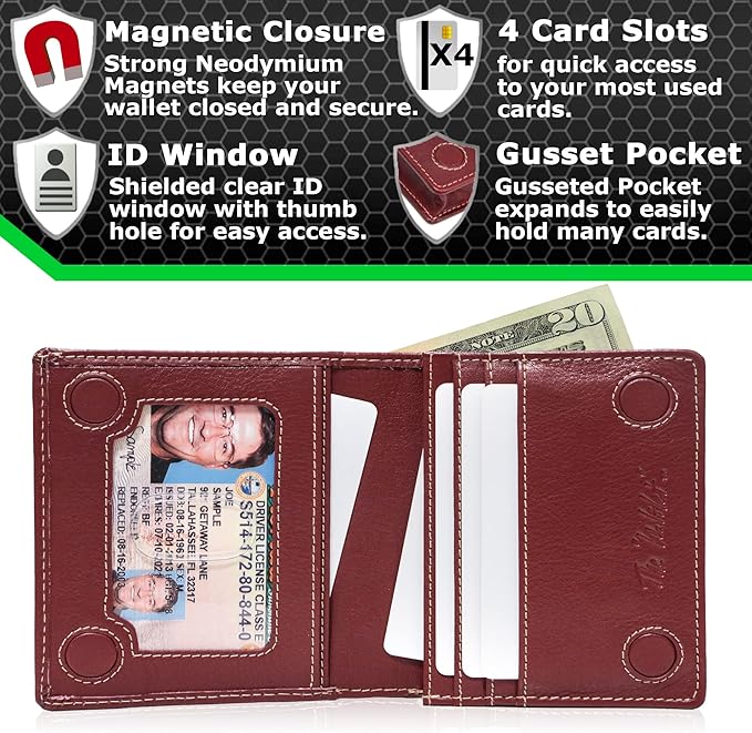 ID Stronghold Waltlet - RFID Blocking Bifold Wallet for Men with Magnetic Clasp - Red