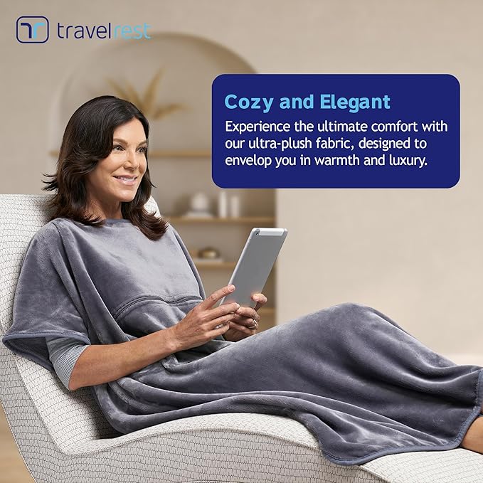 TRAVELREST 4-in-1 Travel Blanket – Wearable Blanket, Pillow & Body Wrap, Lightweight, Compact & Cozy with Carry Case, Travel Friendly, Comfort, Ideal for Airplanes, Long Flights, Road Trips - Grey