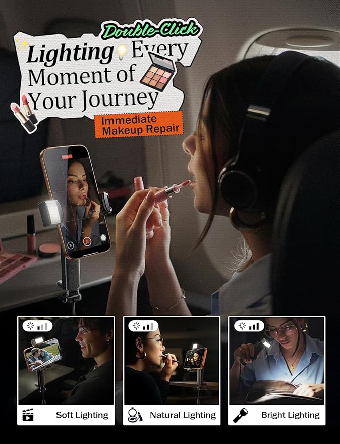 LISEN Airplane Travel Essentials (LED) Phone Stand Holder for Desk Cruise Ship Essentials 2026 Mount Airplane Gadgets Women Men Long Flight Accessories Photographic Lighting Flash Tubes Kids Gifts