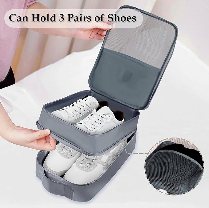 Travel Shoe Bag Waterproof Shoe Organizer Bag Holds 3 Pair of Shoes Shoe Packing Cube for Suitcase Travel and Daily Use Storage Pouch with Handle (Grey)