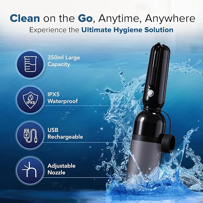 Aqualise Portable Bidet for Travel, USB-C Rechargeable Electric Handheld Sprayer, 3 Nozzles & Carry Pouch - High Pressure Waterproof Peri Bottle for Women, Men, Postpartum Care & Personal Hygiene