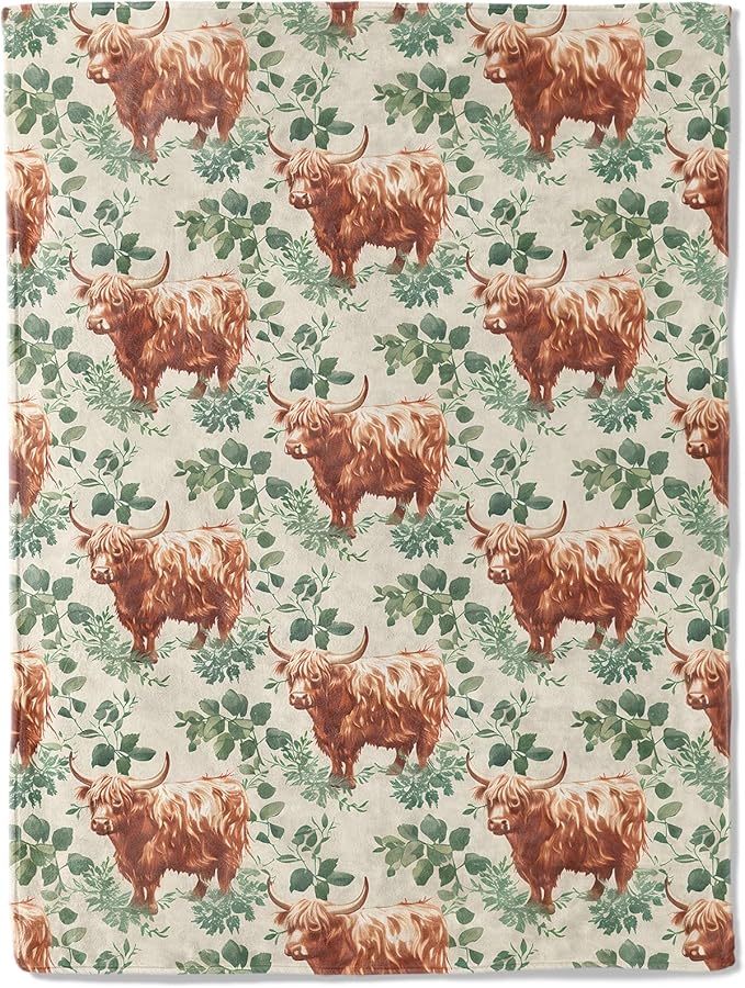 Highland Cow Flannel Blanket - Farm Animal Cattle and Greenery Throw - Lightweight Soft Cozy Gifts Blankets for Kids Adult,Modern Home Room Bedroom Rustic Country Decor 60x80in
