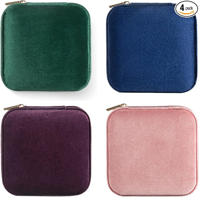 Plush Velvet Travel Jewelry Case, Travel Jewelry Organizer, Jewelry Travel Case, Travel Jewelry Box, Small Jewelry Case for Women,Jewelry Travel Box, Earring Organizer with Mirror - 4Color-4packs