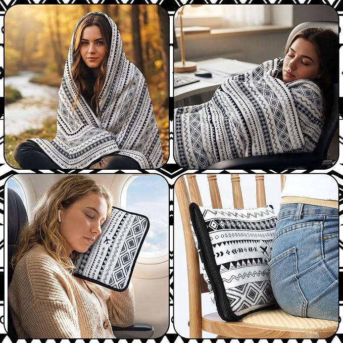 Gilprop Boho Travel Blanket Airplane Compact with Bag 2 in 1 Soft Boho Fleece Travel Blanket and Pillow Set with Luggage Sleeve Backpack Clip Compact Lightweight Airplane Essentials for Spring Summer