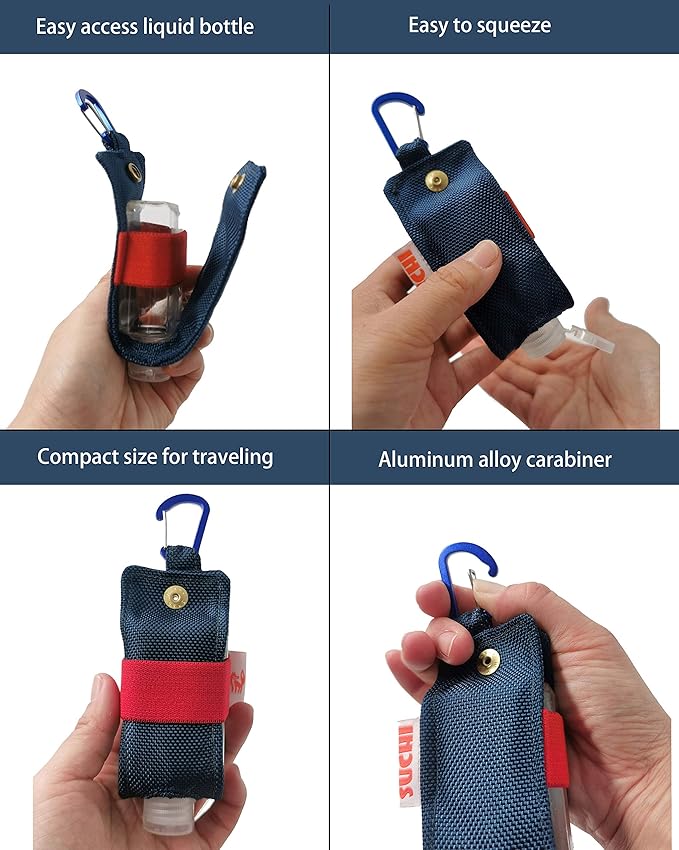 Travel Size Hand Sanitizer Holder,Bottle Case and Carabiner Carrier bag-Portable Mini Waist Bag for Liquids Clip On Belt Loop, Backpack and Purse - Includes Empty 60ml/ 2 oz Reusable Bottle (Blue)