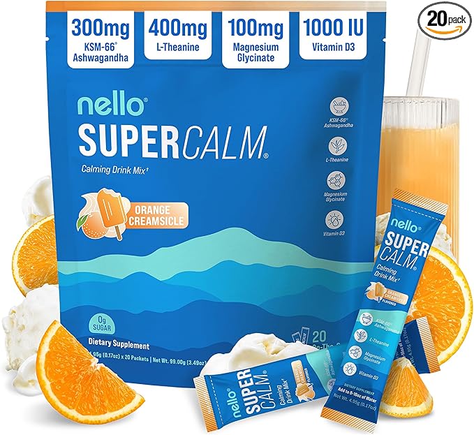 Nello Supercalm Powdered Drink Mix, Cortisol Reducer* and Sleep Aid Supplement, L Theanine, Ksm-66 Ashwagandha, Magnesium Glycinate, Vitamin D 3, No Sugar, Non GMO, On The Go, 20 Ct, Orange Creamsicle