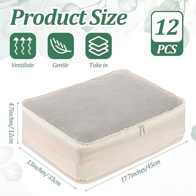 Kifmurase 12 Pcs Packing Cubes for Suitcase Travel Luggage Organizers Bulk Large Mesh Clothing Underwear Bags Foldable Laundry Bags for Hiking Camping Backpacking Clothes Accessories (Beige)