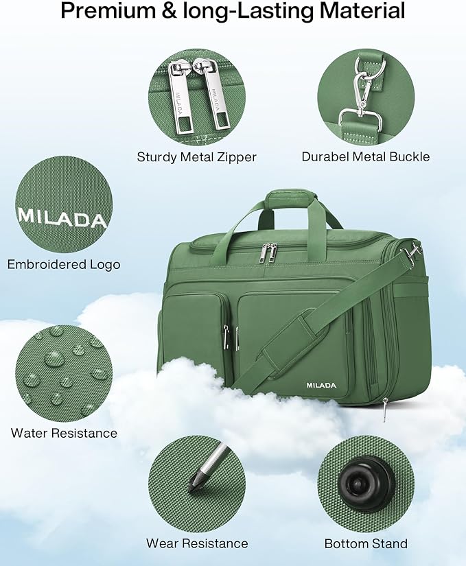 MILADA Carry On Luggage Bags for Travel Lightweight Personal Item Travel Bag Foldable Large Duffle Bag for Travel Tote Overnight Bags for Women Mens Weekender Bags, Forest Green