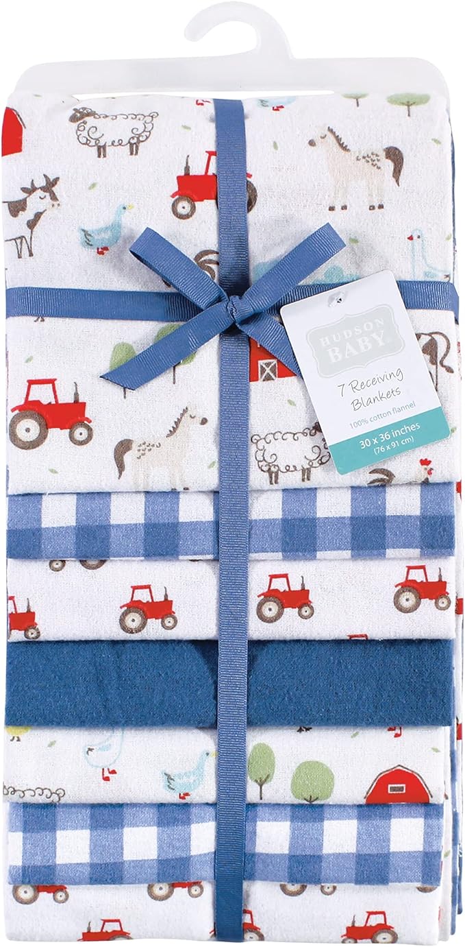 Hudson Baby Unisex Baby Cotton Flannel Receiving Blankets Bundle, Boy Farm Animals, One Size