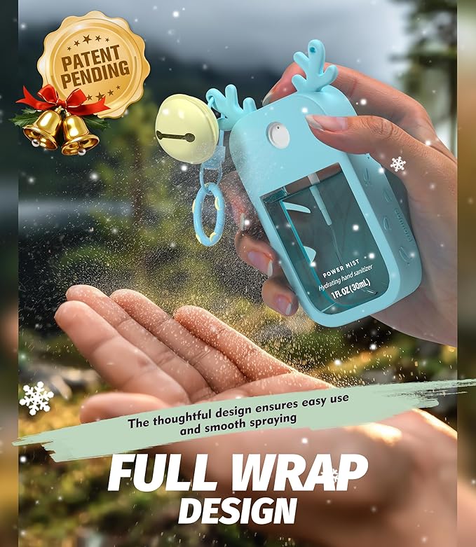 Sonnorel 1 Pack Elk Silicone Case Compatible with Touchland Hand Sanitizer Spray (Fit for 1 FL OZ/30 mL Ver), Portable keychain, Small Bell, Cute Deer Antlers (Blue)