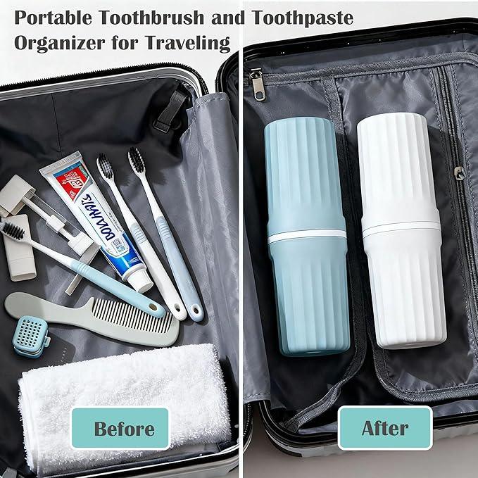 Toothbrush Travel Case, 2 in 1 Portable Travel Toothbrush Case with Mouthwash Cup, Large Capacity Toothpaste & Toothbrush Holder Container for Travel Camping Business Trip School Dorm Bathroom