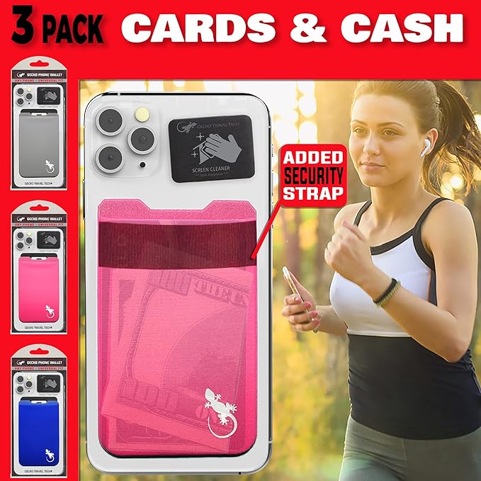 Phone Wallet - Adhesive Card Holder - Cell Phone Pouch - Stick on Lycra Pocket by Gecko - Carry Credit Cards and Cash