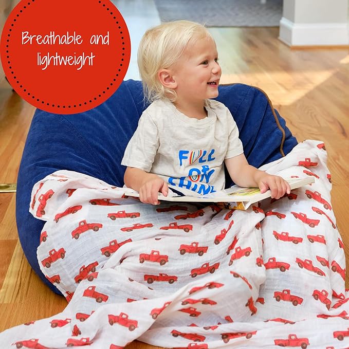 LollyBanks Muslin Swaddle Blanket, 100% Muslin Cotton Soft Baby Blankets for Boys, 47 X 47 Inches Breathable and Lightweight Baby Receiving Blankets, Newborn Essentials, Registry (Truck Print)