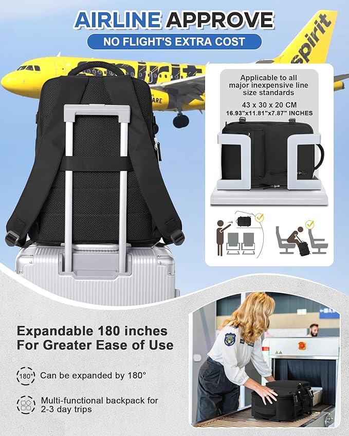 VECAVE Carry On Backpack for Women, Large Travel Backpack Flight Approved, Waterproof 14 Inch Laptop Backpack Business Work Backpacks Men Mochila De Viaje, Black