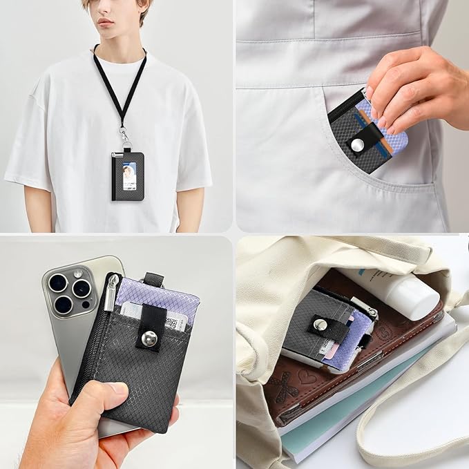 Minimalist RFID Blocking Small Wallet with ID Window,WaterResistant Zip Id Case Wallet with Lanyard Keychain for Cards,Cash,Travel,Women,Men (DarkGrey/Lavender Purple)