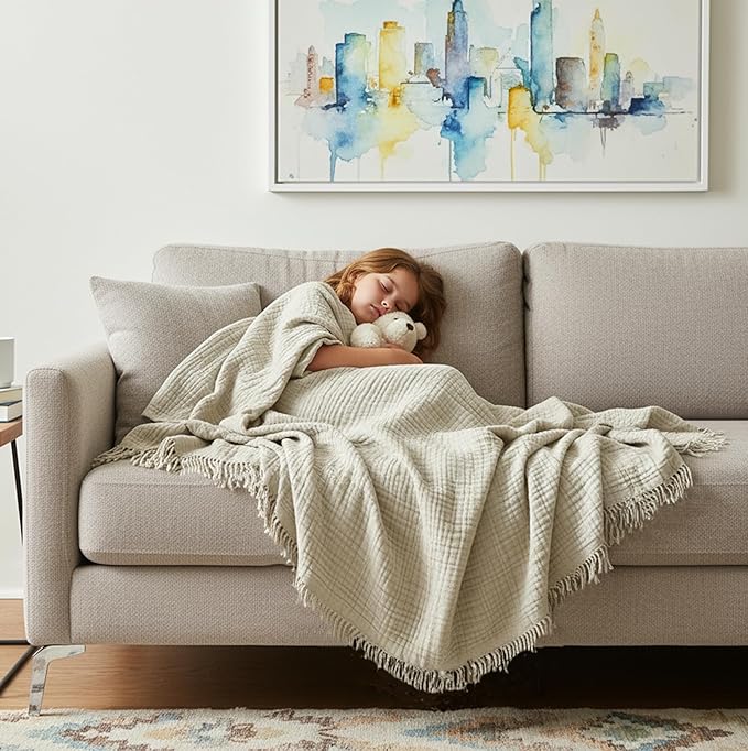 KyraHome 100% Organic Cotton Muslin Blankets for Adults, Large 60“x80 Plant Dyed Breathable Lightweight Gauze Soft Cotton Throw Blanket for Couch, Summer, All Season, Oatmeal Khaki