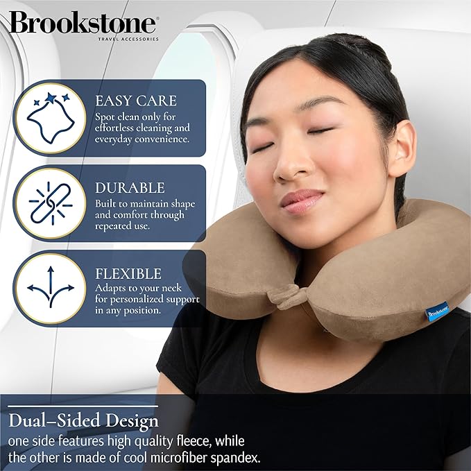 Brookstone Travel Neck Pillow - Lightweight Fleece Casing U-Shaped Stuffable Memory Foam Travel Pillow for Sleeping and Neck Support, Size One Size, Khaki