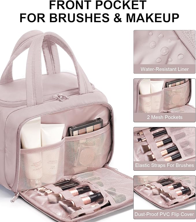 Bagstellar Travel Toiletry Bag for Women, Lightweight Large Quilted Puffy Makeup Bag Wide-open Make up Organizer Cloud Cosmetic Bag w/Handle for Traveling Toiletries Essentials Accessories Light Pink