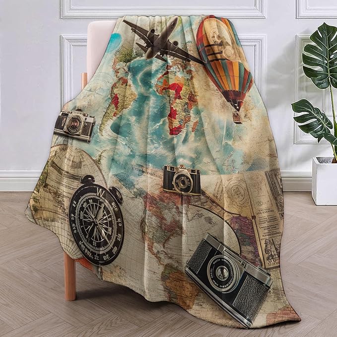 Travel-Themed Blanket, Vintage Airplane Hot Air Balloon Cameras Flannel Throw Blankets,Soft Warm Lightweight Cozy Plush Throws for Bedroom Sofa Office Home Decor Gifts for Women Girls 80"x60"