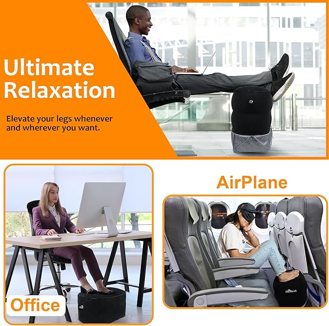 Inflatable Foot Rest Pillow for Airplane Travel - Adjustable Leg Rest for Long Flights, Baby/Toddler Airplane Seat Extender - Black