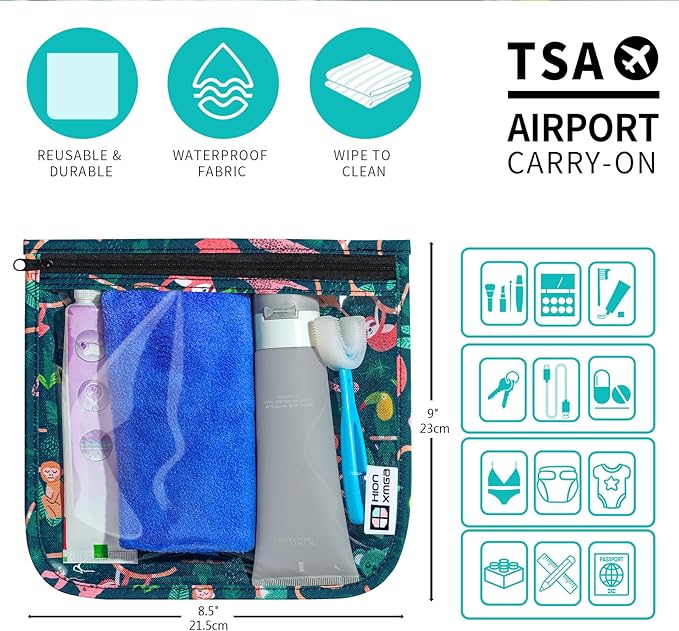 HIONXMGA TSA Approved Toiletry Bag, Set of 3 Clear Travel Toiletry Bag Quart Size Zipper Travel Pouch, Waterproof Makeup Cosmetic Bag for Women Men Kids Toiletries Carry on, Jungle Large