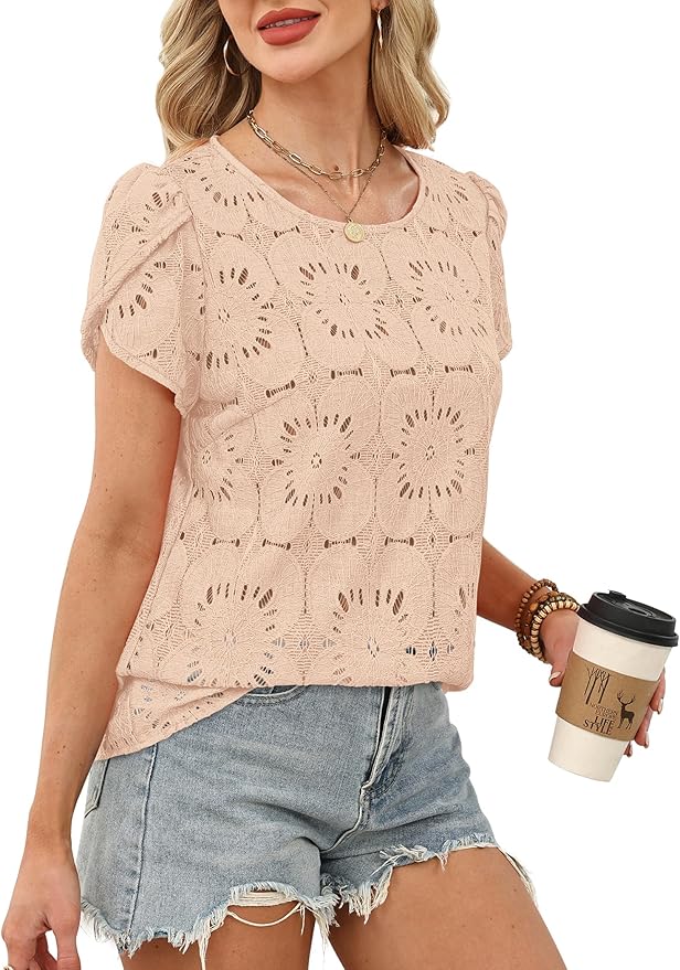 OFEEFAN Blouses for Women Dressy Casual Petal Short Sleeve Shirts Crochet Lace Boho Tops Spring Fashion Summer Outfits