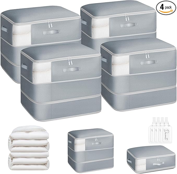 DIMJ Comforter Storage Bag - 110L Ultra Space Saving Self Compression Organize 4 Pack for Duvet, Pillow, Bedding, Blanket Storage Organizer Nylon Compression Bags