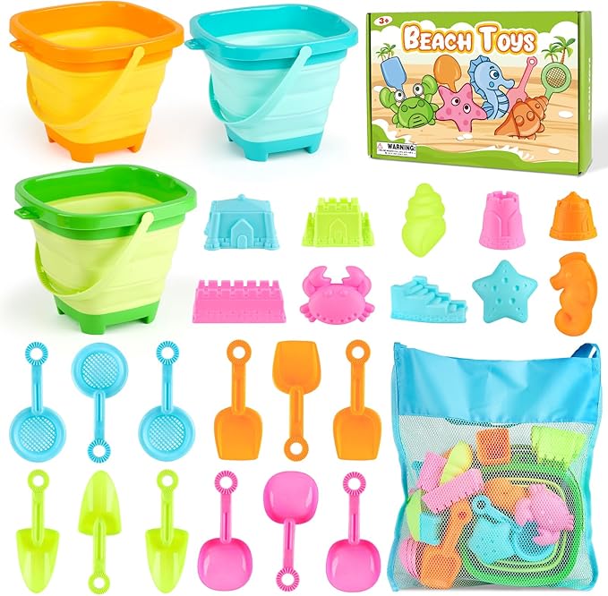 Dreamon Beach Toys for Kids 3-10, Collapsible Sand Toys Include 3 Pack Foldable Buckets, 24 PCS Beach Mold and Shovels Molds, Travel Sandbox Beach Toys for Kids Toddler with Mesh Bag