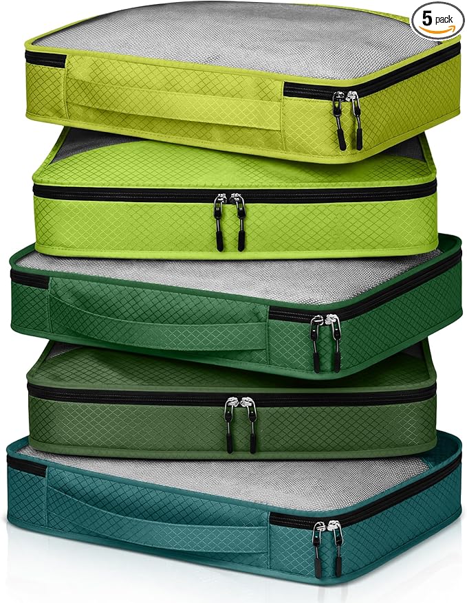 5 Pcs Packing Cubes for Suitcase Large Travel Cubes Carry on Luggage Organizer Bags for Clothes Accessories(S,Green)
