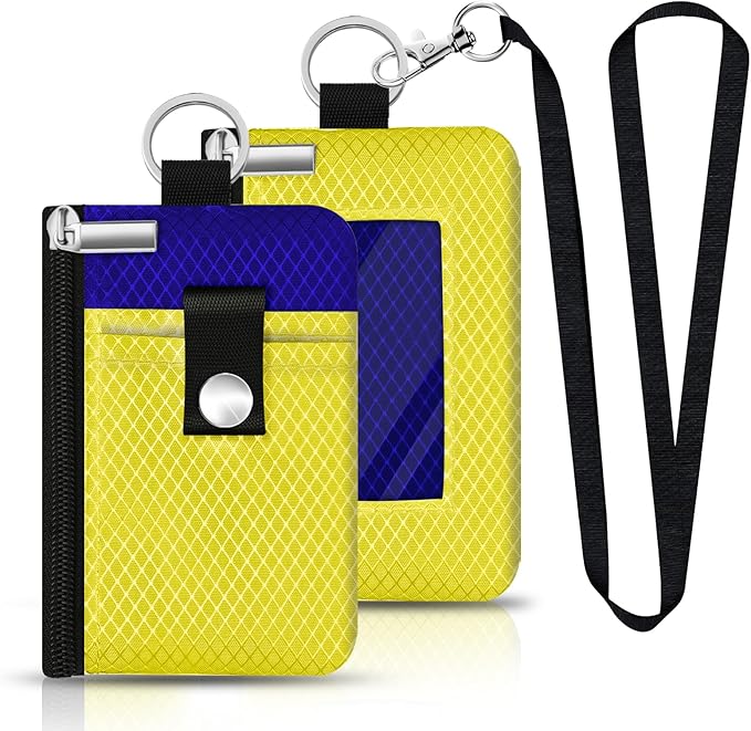 Minimalist RFID Blocking Small Wallet with ID Window,WaterResistant Zip Id Case Wallet with Lanyard Keychain for Cards,Cash,Travel,Women,Men (Lemon Yellow/Sapphire Blue)