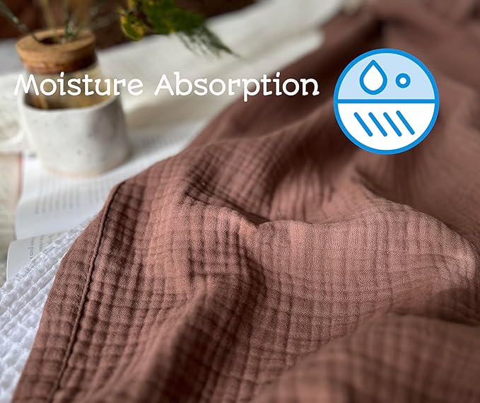 KyraHome 100% Cotton Throw Blankets, 90“x90” Queen, Organic Cotton Muslin Blanket, Plant Dyed, Breathable Lightweight Gauze Blankets for Adults, Bed, Couch, All Season, (Brown)