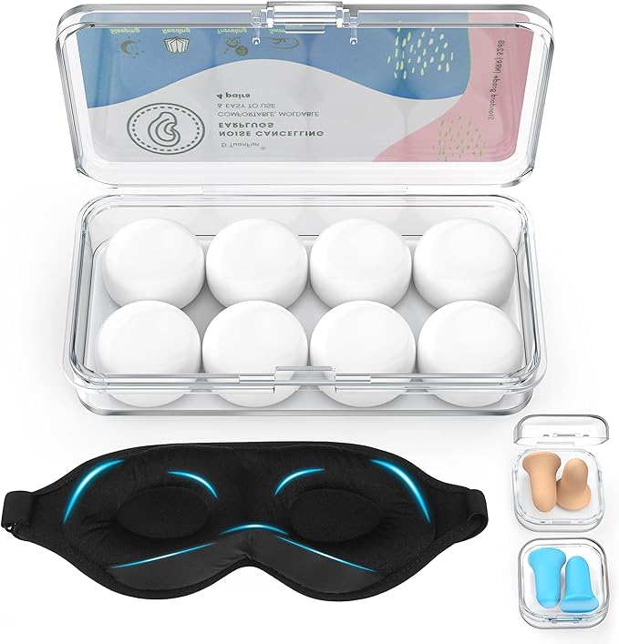 Silicone Earplugs - Ultra Soft Foam Earplugs - Sleep Eye Mask for Men Women, Upgraded 3D Hollowed Design, Value Pack–for Sleeping, Snoring, Travel, Airplanes, Shift Work，32dB Highest NRR