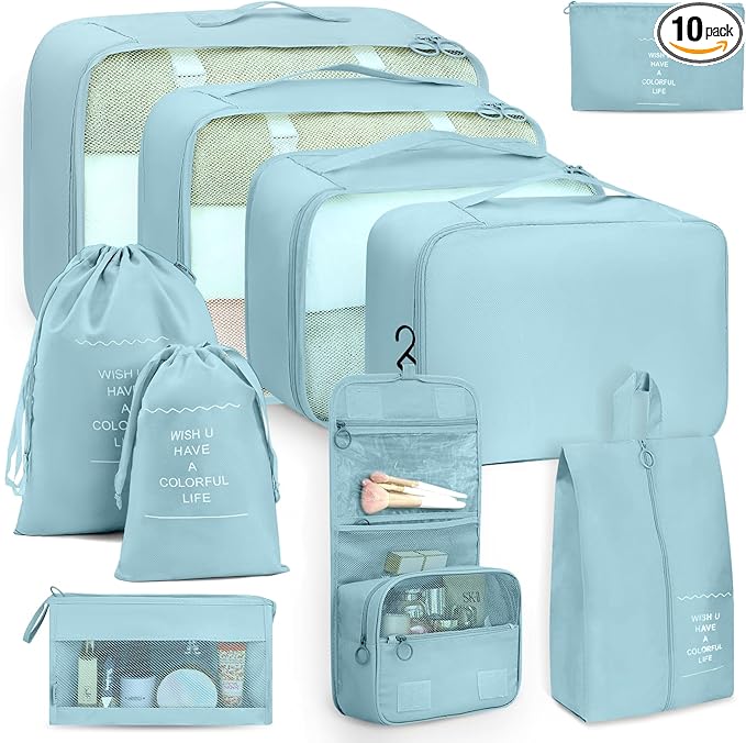 Anjing 10 Set Packing Cubes Luggage Organizers for Travel Accessories Essentials Organizer Bags Carry on Suitcases, Lake Blue