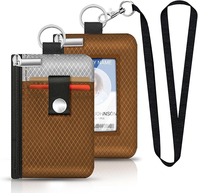 Minimalist RFID Blocking Small Wallet with ID Window,WaterResistant Zip Id Case Wallet with Lanyard Keychain for Cards,Cash,Travel,Women,Men (Brown/Light Grey)