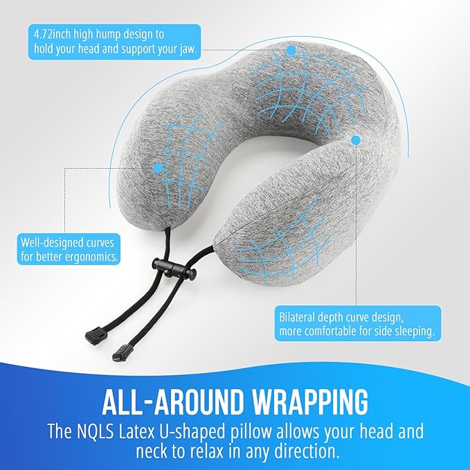 NLQS Airplane Travel Pillow,Natural Latex Neck Pillow,Make You Feel Comfortable Airplane Neck Pillow,Comfortable and Breathable,Support Head and Neck,Travel Essentials,Eye Mask and Ear Plugs Gray Set