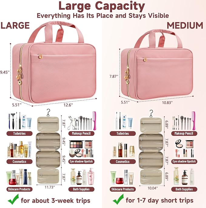 Travel Toiletry Bags, Portable Travel Bag with Hanging Hook for Women, Waterproof and Hanging Makeup Bag Travel Organizer Accessories for Travel Essentials (Pink, Medium)