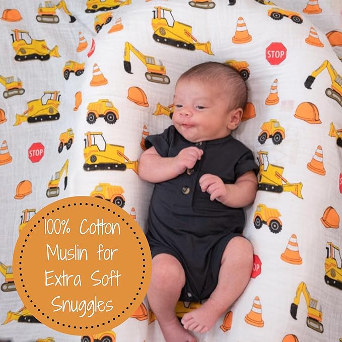 LollyBanks Muslin Swaddle Blanket, 100% Muslin Cotton Baby Blankets for Boys, 47 X 47 Inches Newborn Receiving Blanket, Swaddles for Newborns Baby Boy, Registry (Fun Construction Theme Print)