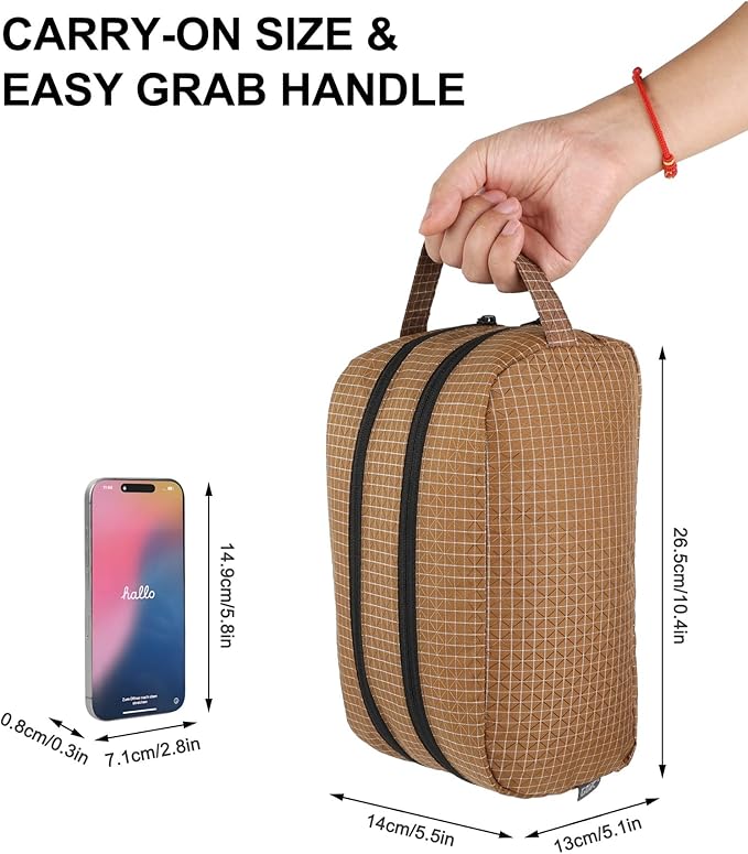 GOX Small Travel Toiletry Bag for Men, Dopp Kit, Water-Repellent Nylon, TSA Carry-On Leakproof Cosmetic Organizer (10.4"x5.5"x5.1") & Carry Handle (Brown)