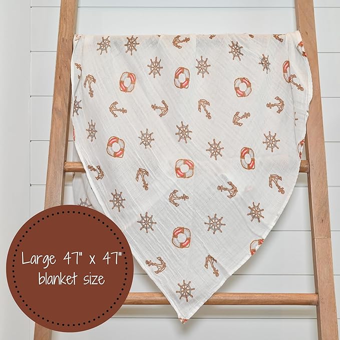 LollyBanks Muslin Swaddle Blanket, 100% Muslin Cotton Neutral Baby Blanket for Girls and Boys, 47 X 47 Inches Soft and Cozy Newborn Swaddle Lightweight, Baby Essential, Registry (Boat Anchor Print)