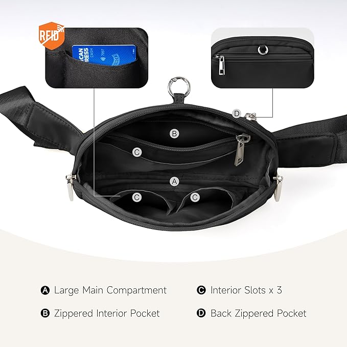 Anti Theft Fanny Pack 2L Belt Bag Crossbody Bag for Women Men Rfid Blocking Sling Waist Bags for Travel, Black