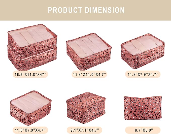 Vercord 7 Set Travel Packing Organizers Cubes Luggage Suitcase Organizer Bags Clothes Underwear Cube Shoe Pouch Pack Pink Leopard