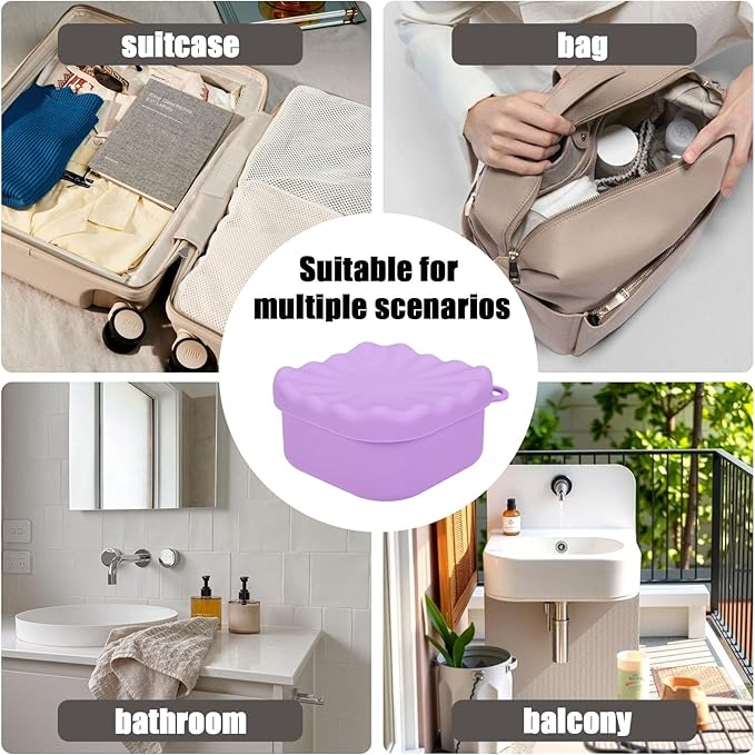 Square Travel Soap Case, Bar Soap Holder for Dr Squatch, Silicone Soap Case with Soap Saver, Portable Shampoo Bar Soap Box for Shower, Travel, Camp (Light Purple)