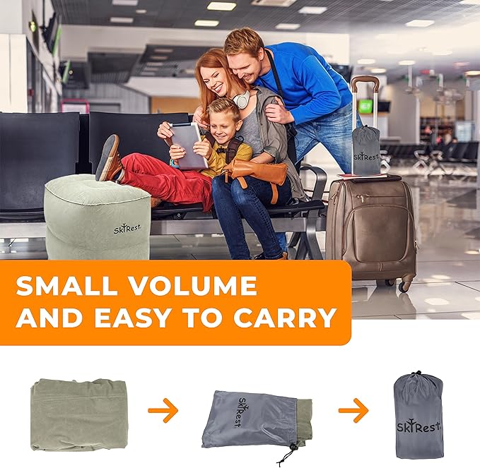Inflatable Travel Foot Rest Pillow - Adjustable Leg Rest for Airplane, Car, Train, Home & Office, Comfortable Seat Extender for Kids - Grey