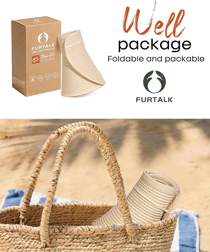 FURTALK Sun Hats for Women Wide Brim Beach Hat Straw Visor Ponytail Summer UV Packable Foldable Beach Vacation Essentials